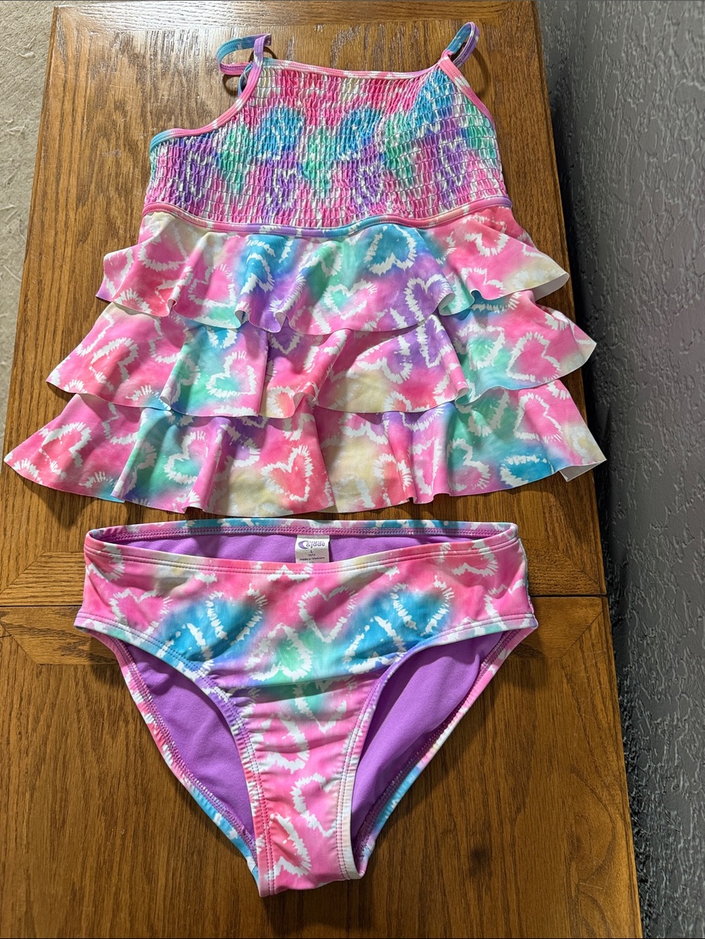Girls Pink Tie-Dye Ruffle Tankini Swim Set